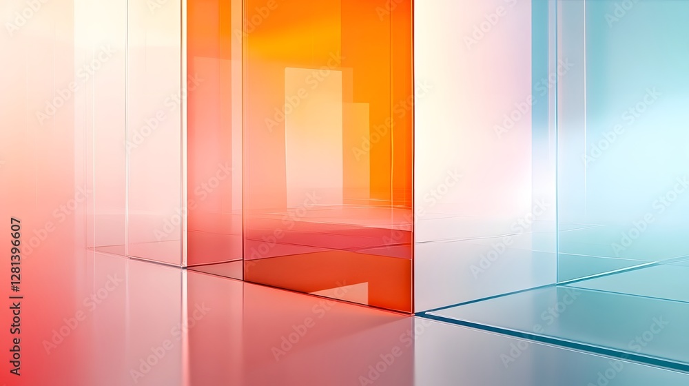 Poster This striking image showcases a dynamic and visually captivating geometric architectural abstraction  Featuring intersecting transparent cubes and layers of illuminated colorful gradients
