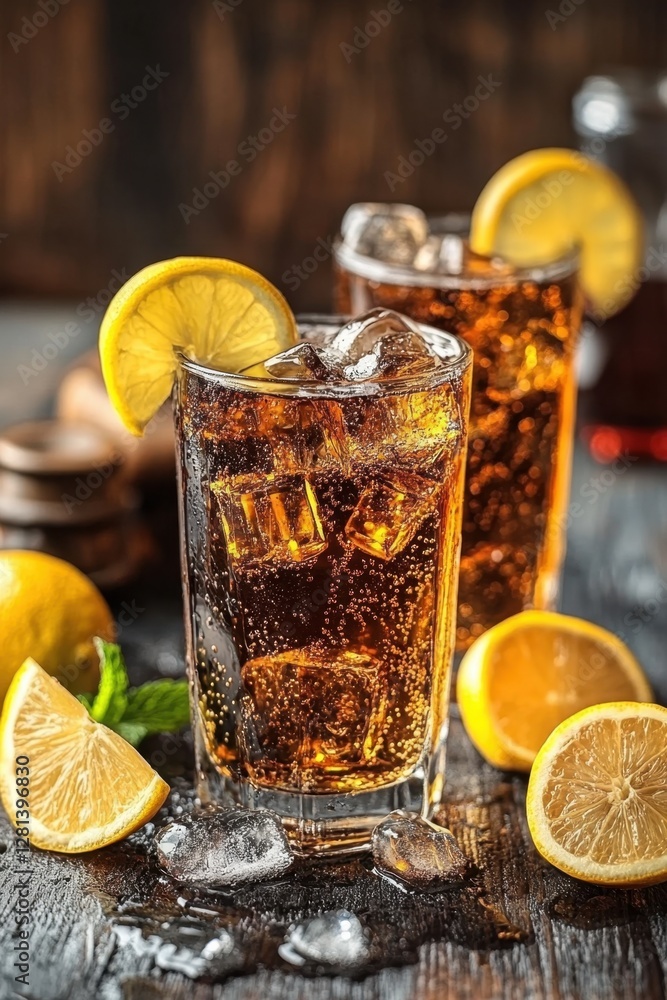 Poster refreshing cola drink with ice cubes and lemon slices on a rustic wooden table in a high angle shot 