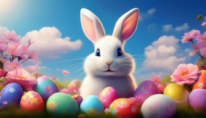 White rabbit bunny with Colorful easter egg flowers Egg hunt festival Easter Holiday party decoration banner