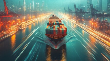 Container ship navigates city port during rain filled night