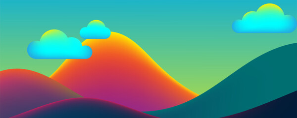 Obraz premium Abstract digital illustration of a colorful landscape with gradient hills and fluffy clouds. The smooth blend of vibrant colors creates a dreamy.
