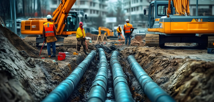 Urban construction site shows workers installing underground water sewer, fiber optic pipes. Construction crew lays utilities in trench. Heavy machinery nearby. Infrastructure project in progress.