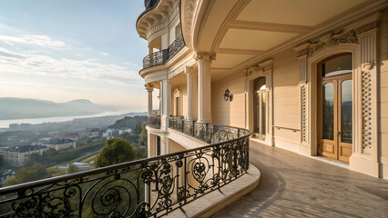 a beautiful mansion/house on the mountain with view of balcony and mountains in the background