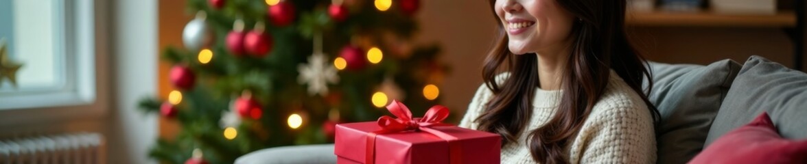 Asian women sitting on a couch with a Christmas tree behind them holding a gift box , gift exchange, festive decor