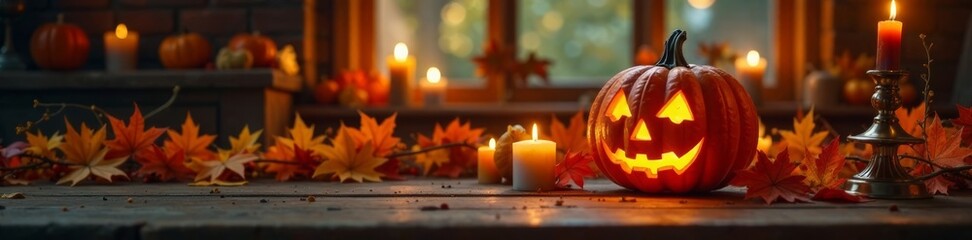 Autumnal table setting with jack-o'-lantern lamp, candles, and festive garland, spooky ambiance, halloween decor