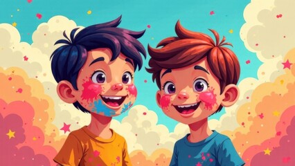 Lively cartoon boys with colorful paint on faces amid vibrant clouds