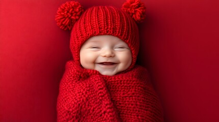 Adorable Baby in Red Knit Hat and Scarf Smiling