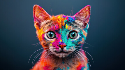 A Holi festival. Colorful cat with vibrant Holi colors on its face, showcasing joy and playfulness