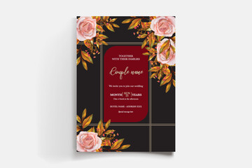 WEDDING INVITATION FRAME WITH FLOWER DECORATIONS AND FRESH LEAVES