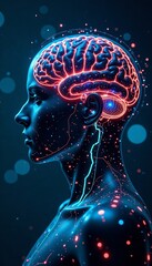 Brain scan interface with glowing blue lines and futuristic machinery, neuroscience, medical equipment