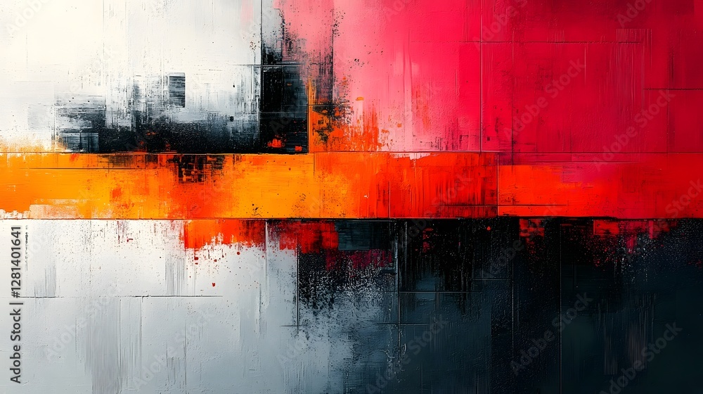 Poster Vibrant abstract geometric composition featuring bold contrasting colors intersecting lines and dynamic overlapping shapes