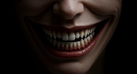 Naklejka premium Creepy Grin with Sharp Teeth in Darkness for Halloween