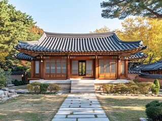 A traditional Korean building with a tiled roof and wooden facade