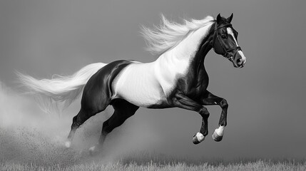 Black and white horse jumping. 