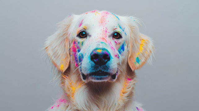 A Holi festival. Fluffy white dog covered in vibrant Holi colors, looking playful and joyful