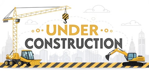 A construction-themed graphic featuring cranes and machinery with the phrase "Under Construction" highlighted against a striped background.
