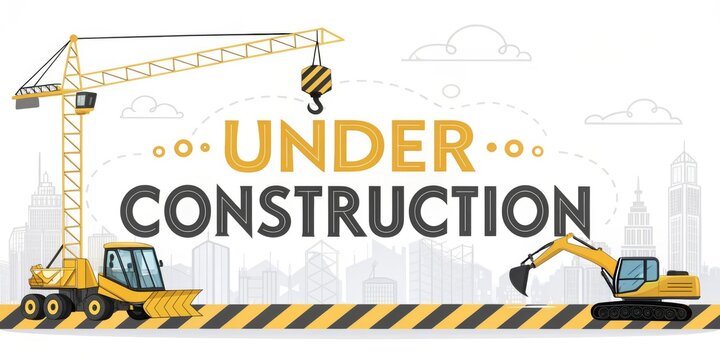 A construction-themed graphic featuring cranes and machinery with the phrase "Under Construction" highlighted against a striped background.