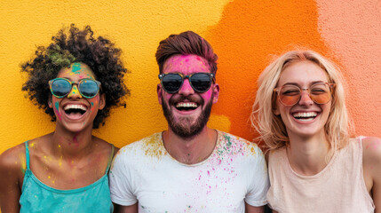 Obraz premium A Holi festival. Friends laughing and celebrating Holi with colorful powders on vibrant wall