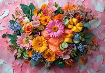 Obraz premium Vibrant Arrangement of Fresh Flowers and Fruits Over a Pink Background Featuring Colorful Blooms and Slices of Mango, Cucumber, and Salmon