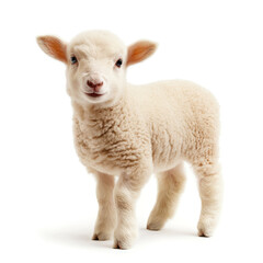 Fototapeta premium Fluffy white lamb standing isolated on white background, looking curious and adorable