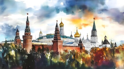 Fototapeta premium Vibrant autumn sunset over the iconic Kremlin spires and domes in Moscow Russia