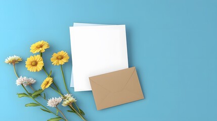 Blank Card Mockup with Yellow Flowers and Envelope
