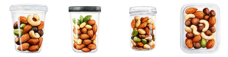 Assorted Nuts in Transparent Jars on White Background for Snack Lovers