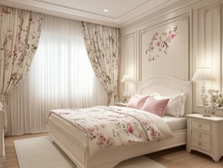 A luxurious bedroom with elegant design and floral details
