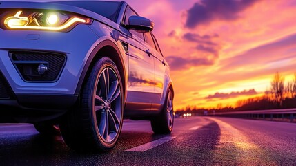 Luxury SUV driving at sunset on a highway