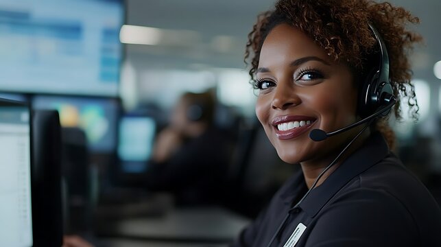 Smiling customer service representative wearing headset at work.