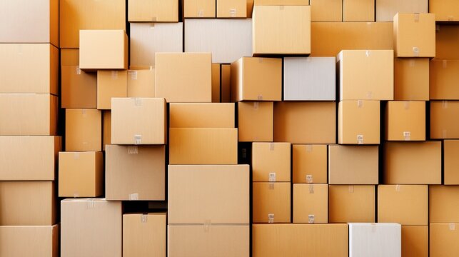 Organized Moving Boxes in Storage Unit - Neatly Packed Cardboard Boxes, High Resolution Stock Photo with Realistic Lighting and Sharp Focus Detail
