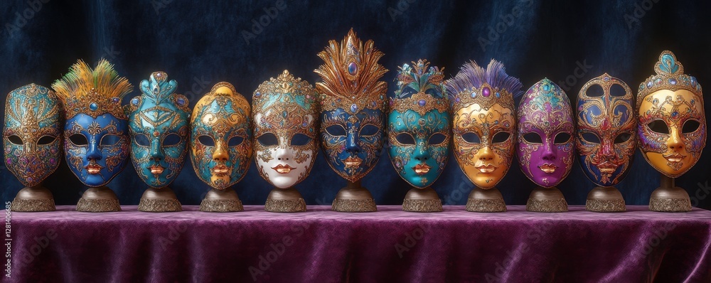 Poster a colorful display of artistic masks, each with unique designs and details, arranged in a row on a d