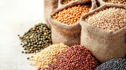 Fototapeta premium Whole Grains and Legumes in Sacks on a Bright Isolated Background