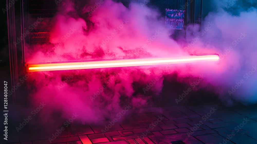 Poster vibrant glowing laser beam cutting through smoky atmospheric mist in futuristic laboratory setting w