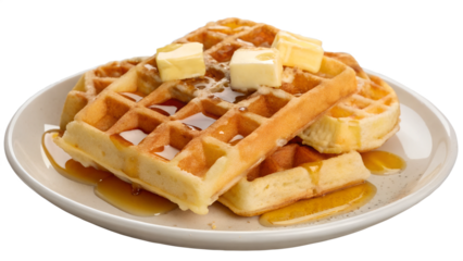 Levitating stack of waffles with butter melting and syrup cascading down, isolated on a transparent background background