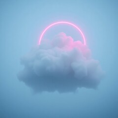 A vibrant cloud floats in a soft blue sky, illuminated by a neon pink halo that resembles a glowing sun. This tranquil scene evokes a dreamlike atmosphere at dusk