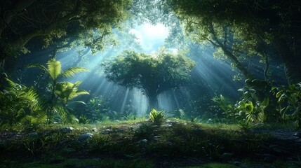 Serene Sunlit Tree in Lush Green Forest Clearing