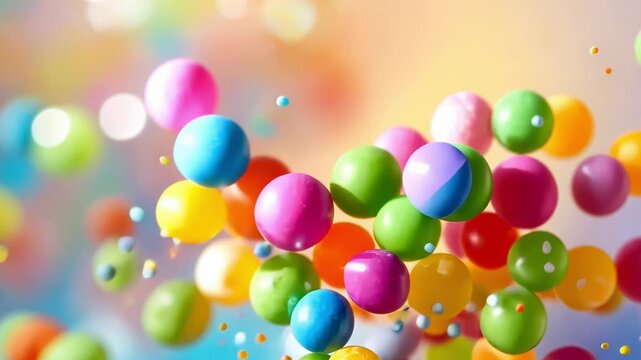 Colorful floating candy explosion with bokeh background.
