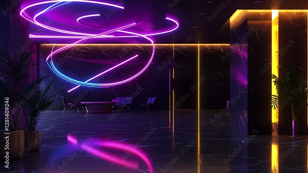 Poster Vibrant neon abstract lights and curves in dynamic motion creating a mesmerizing and electrifying atmosphere for a futuristic nightclub scene