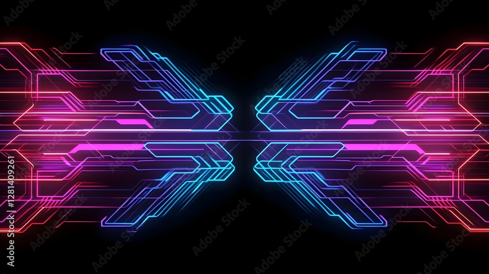Leinwandbilder Vibrant neon colored futuristic geometric abstract digital art background with dynamic shapes lines and patterns creating a high tech electric and visually striking composition