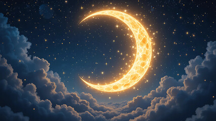 Fototapeta premium A celestial crescent moon bathed in golden light, shimmering among twinkling stars and soft clouds, creating a dreamy night scene.