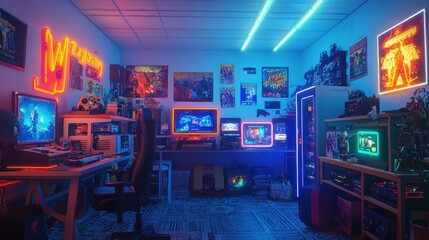 Neon Retro Gamer Room: A Cyberpunk 80s Inspired Gaming Setup