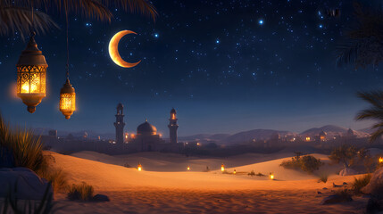 Islamic mosque in the night sky desert, lights, crescent moon, Ramadan Kareem, Eid Mubarak, themed photo banner and background.