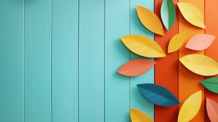 Recycle eco-friendly renewal concept. A vibrant, artistic composition featuring colorful paper leaves against a backdrop of teal and orange wooden boards.