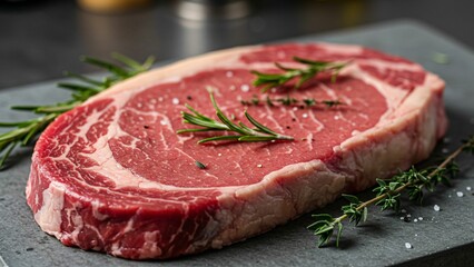 Fototapeta premium Raw ribeye steak with fresh herbs
