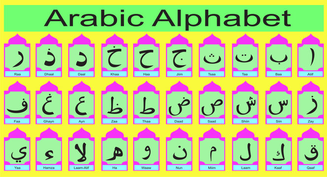 collection of hijaiyah letters with a vector yellow background border