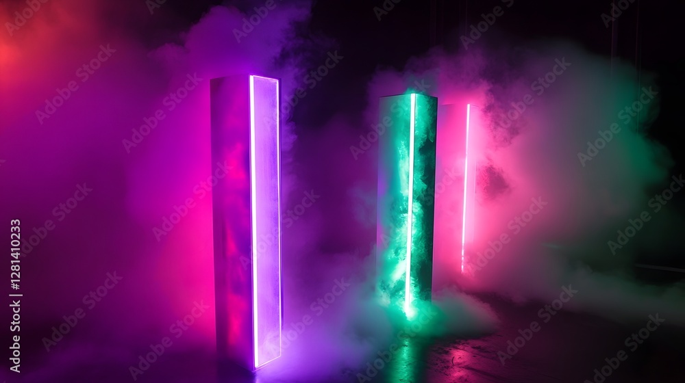 Poster vibrant neon lights of various colors against a dark background creating a futuristic and abstract d