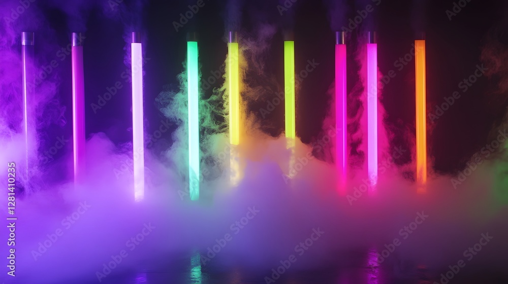 Aufkleber Vibrant neon lights of various colors glowing and illuminating a misty smoky atmosphere  The image creates a futuristic magical and atmospheric ambiance with its captivating blend of light color