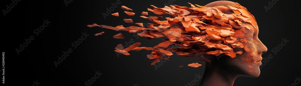 Poster a surreal representation of a human head dissolving into flowing particles, symbolizing creativity a