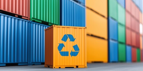 Recycle eco-friendly renewal concept. A vibrant orange recycling container stands in front of colorful shipping containers, emphasizing sustainability and eco-friendliness in a modern setting.